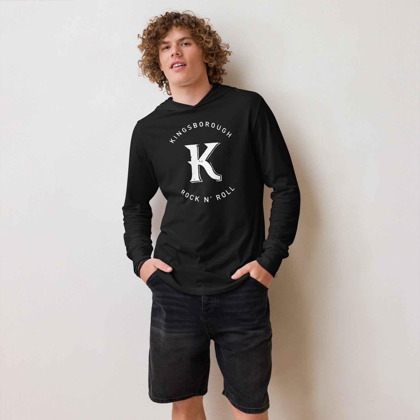 Hooded "Kingsborough Rock & Roll Badge" long-sleeve tee