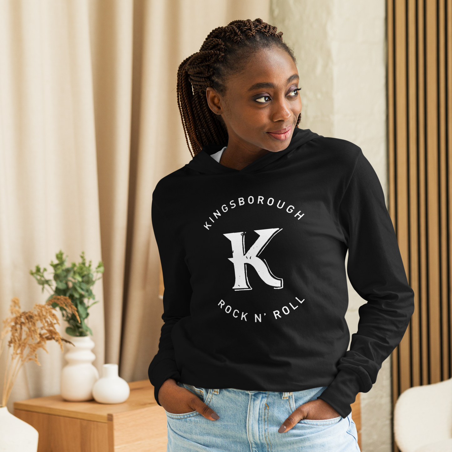 Hooded "Kingsborough Rock & Roll Badge" long-sleeve tee