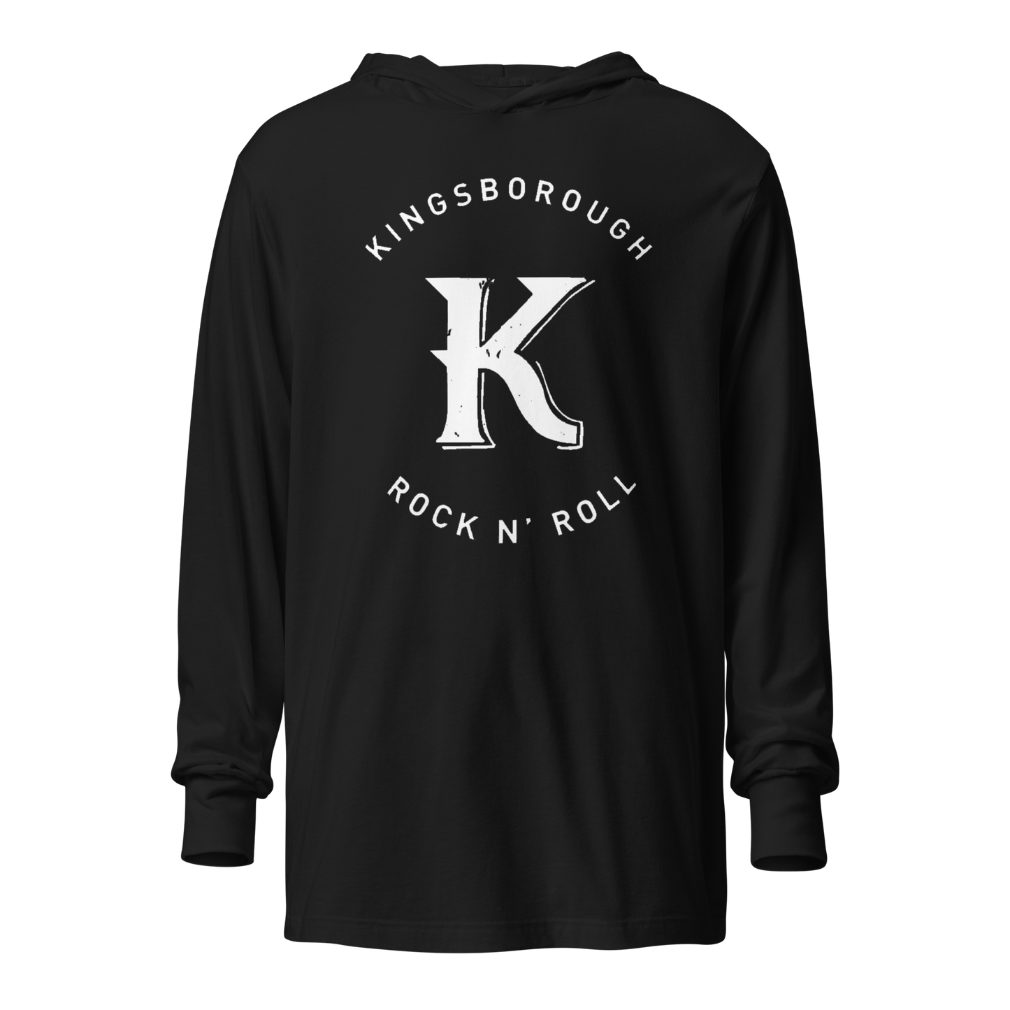 Hooded "Kingsborough Rock & Roll Badge" long-sleeve tee